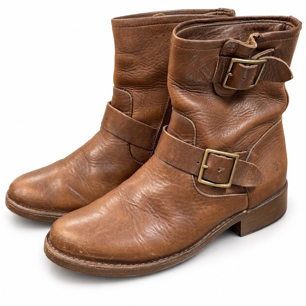 Frye Short Cognac Brown Leather Engineer Buckle Boots Womens 7